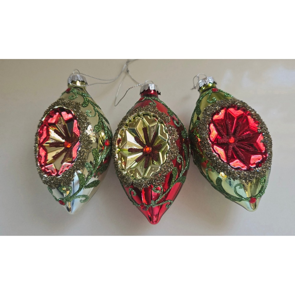 New Kurt Adler Vintage Style Glass Indent Reflector Christmas Ornament Set of 3